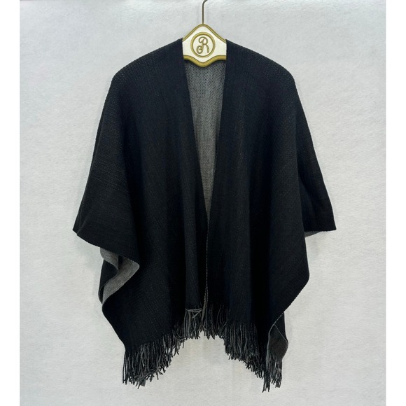 Jack Mitzie Reversible Fringe Poncho Cape Shawl Black Gray Fall Winter One size - Picture 1 of 7